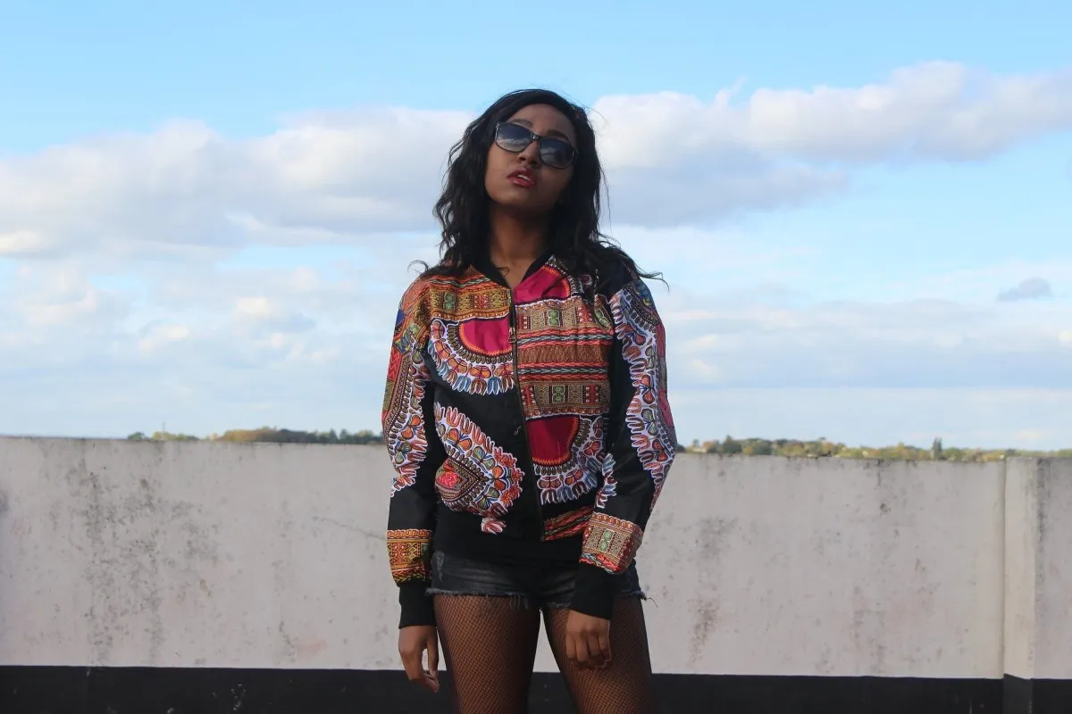 African Bomber Jacket in Black Dashiki Print - Festival Jacket