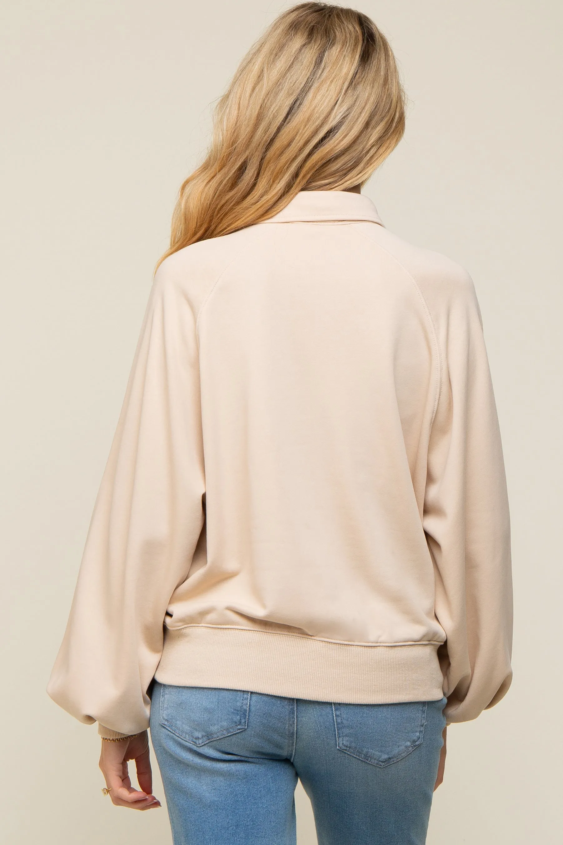 Beige Collared Button Maternity Pullover