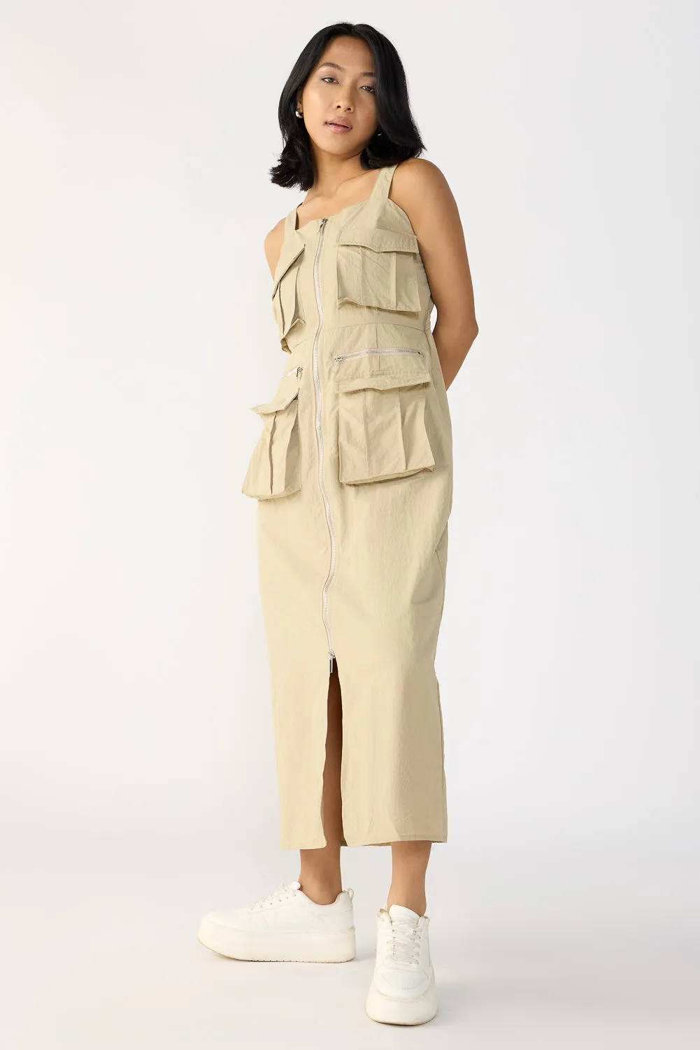 Beige Long Trench Utility Dress