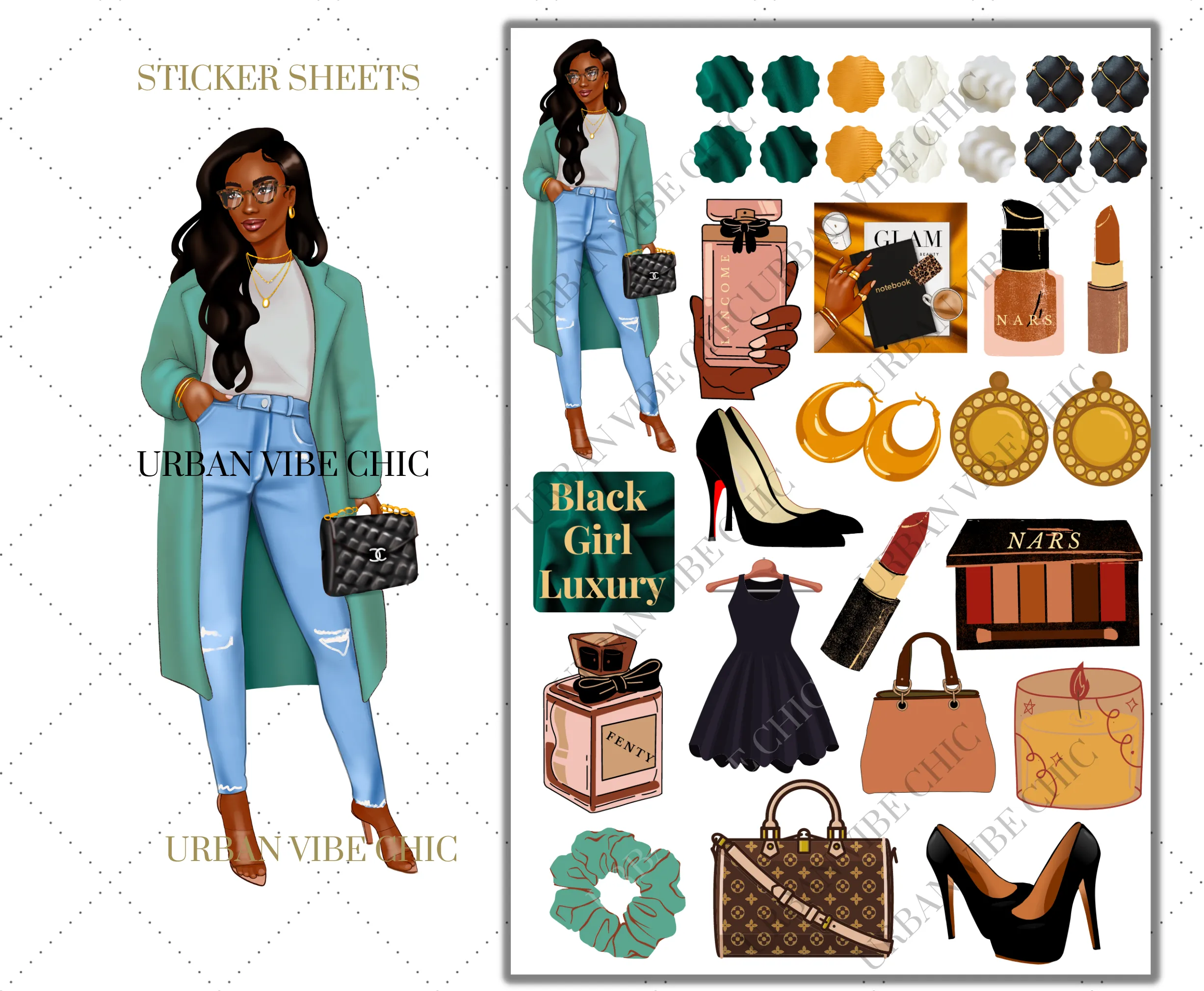 Black Girl Planner Stickers - Dark Skin Mint Coat