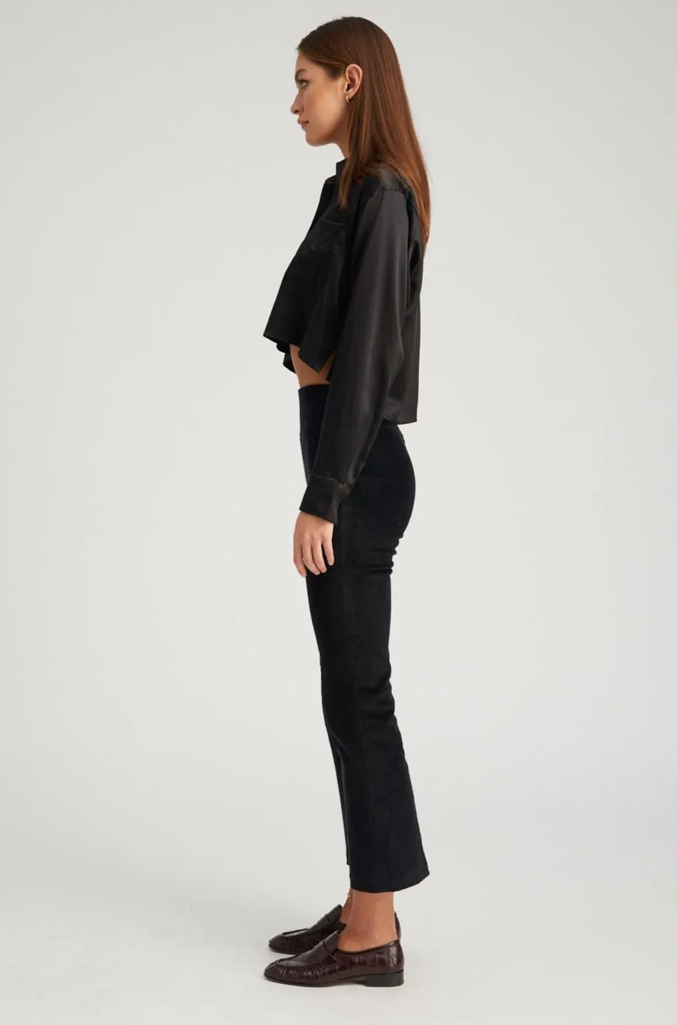 Black Silk Cropped Button Down