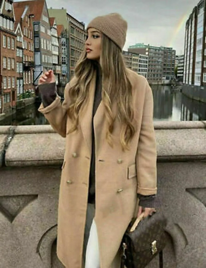 Cashmere Camel Beige Longline Double Breasted Knee Length Wool Trench Coat