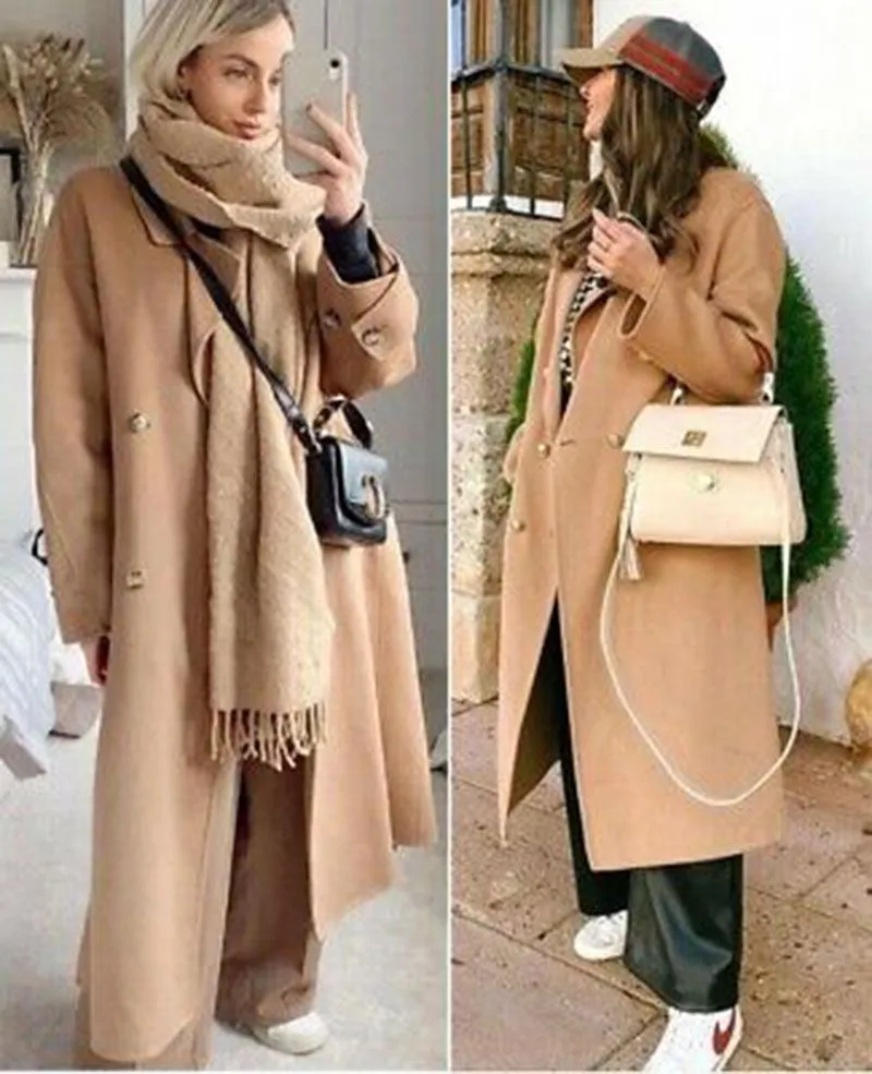 Cashmere Camel Beige Longline Double Breasted Knee Length Wool Trench Coat