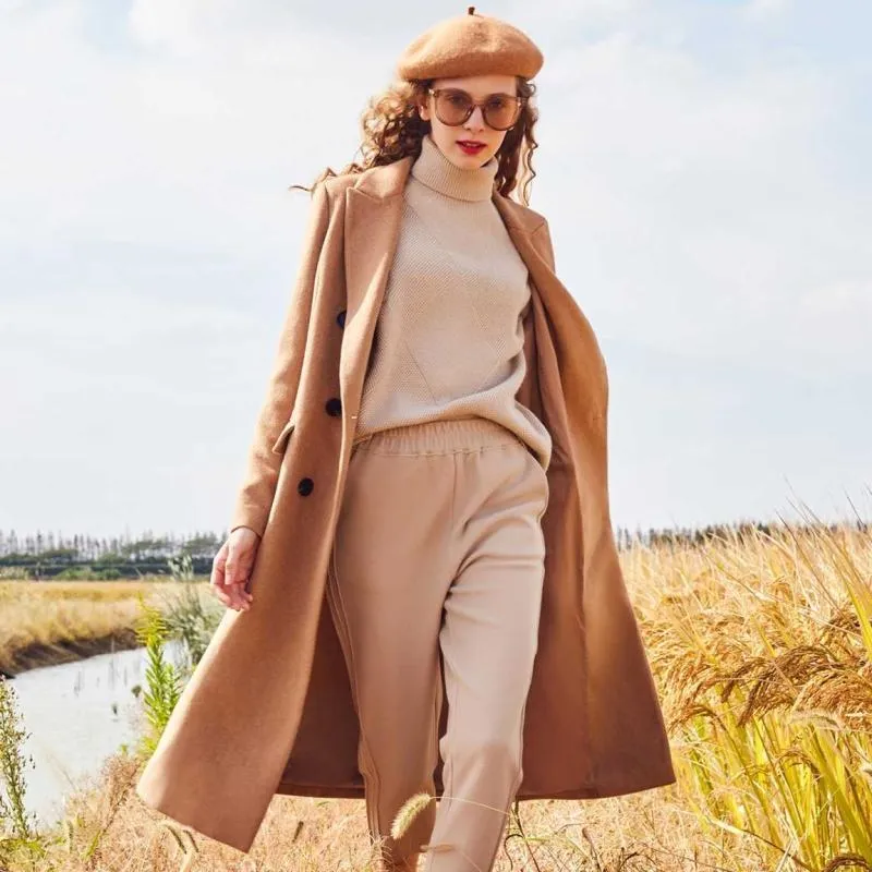 Cashmere Camel Beige Longline Double Breasted Knee Length Wool Trench Coat