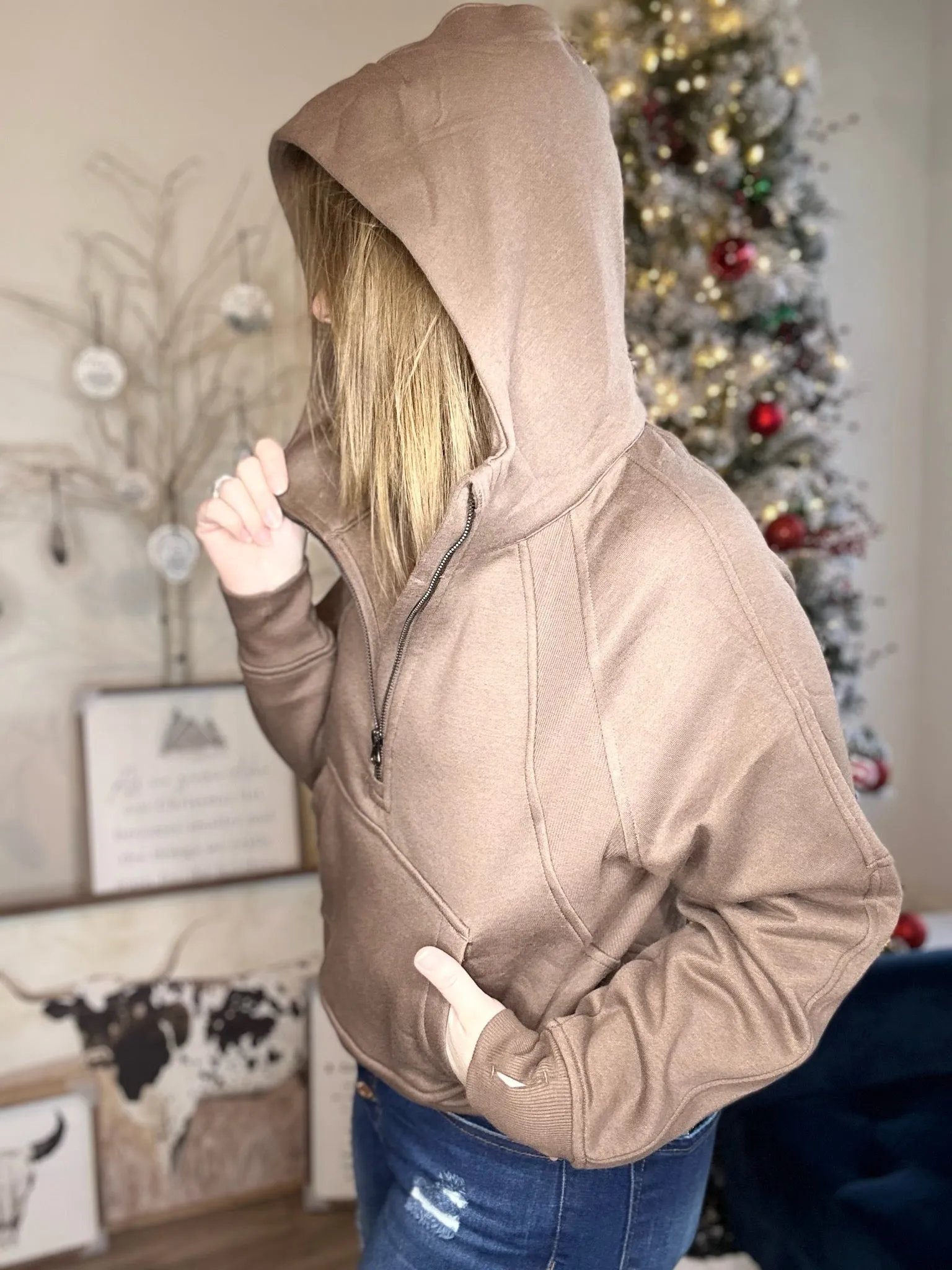 Coffee Half-Zip Hooded Pullover