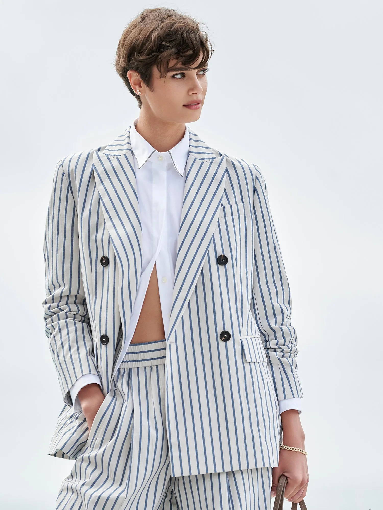 Cotton Stripe Double Breasted Blazer