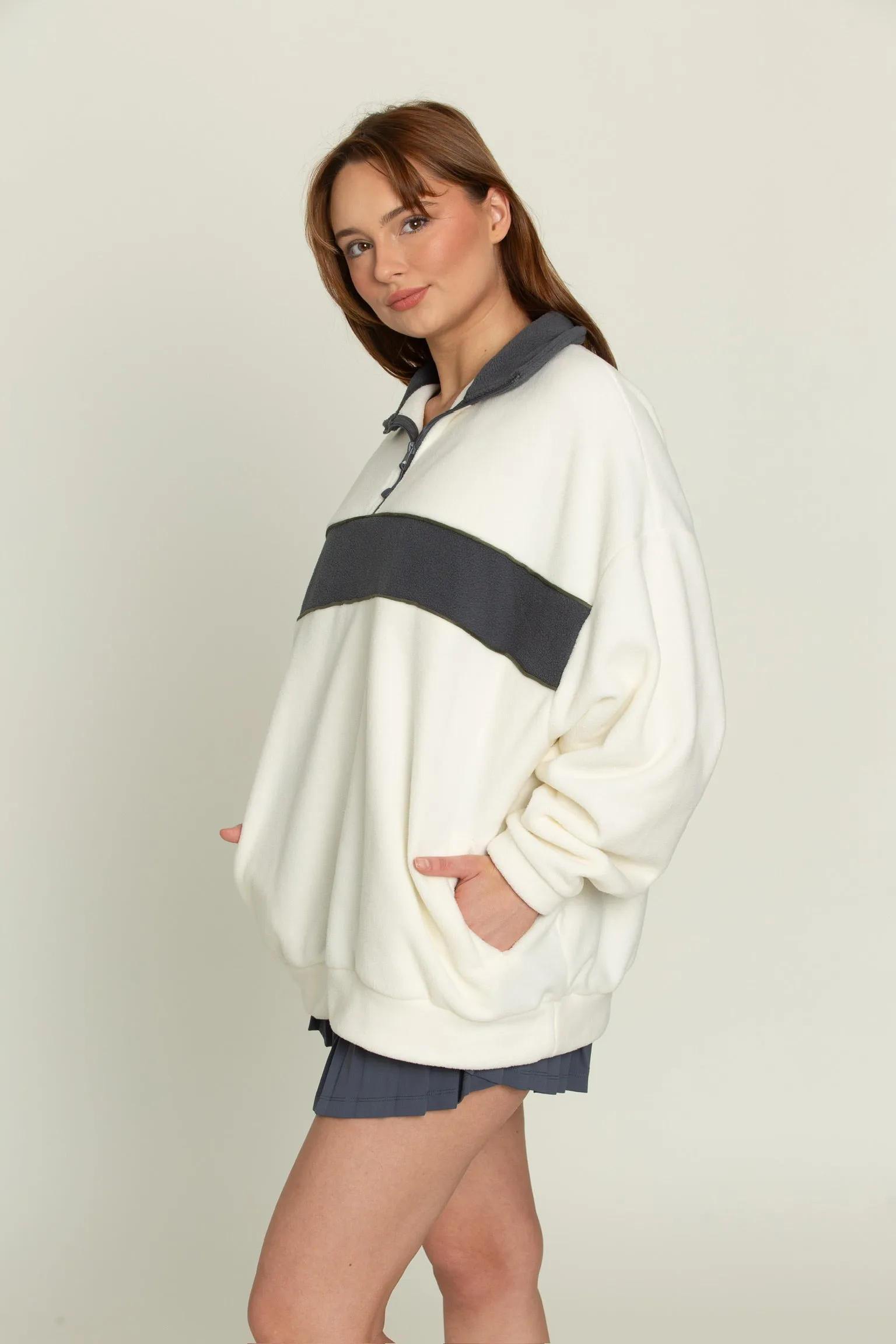 Cream Navy Half-Zip Pullover