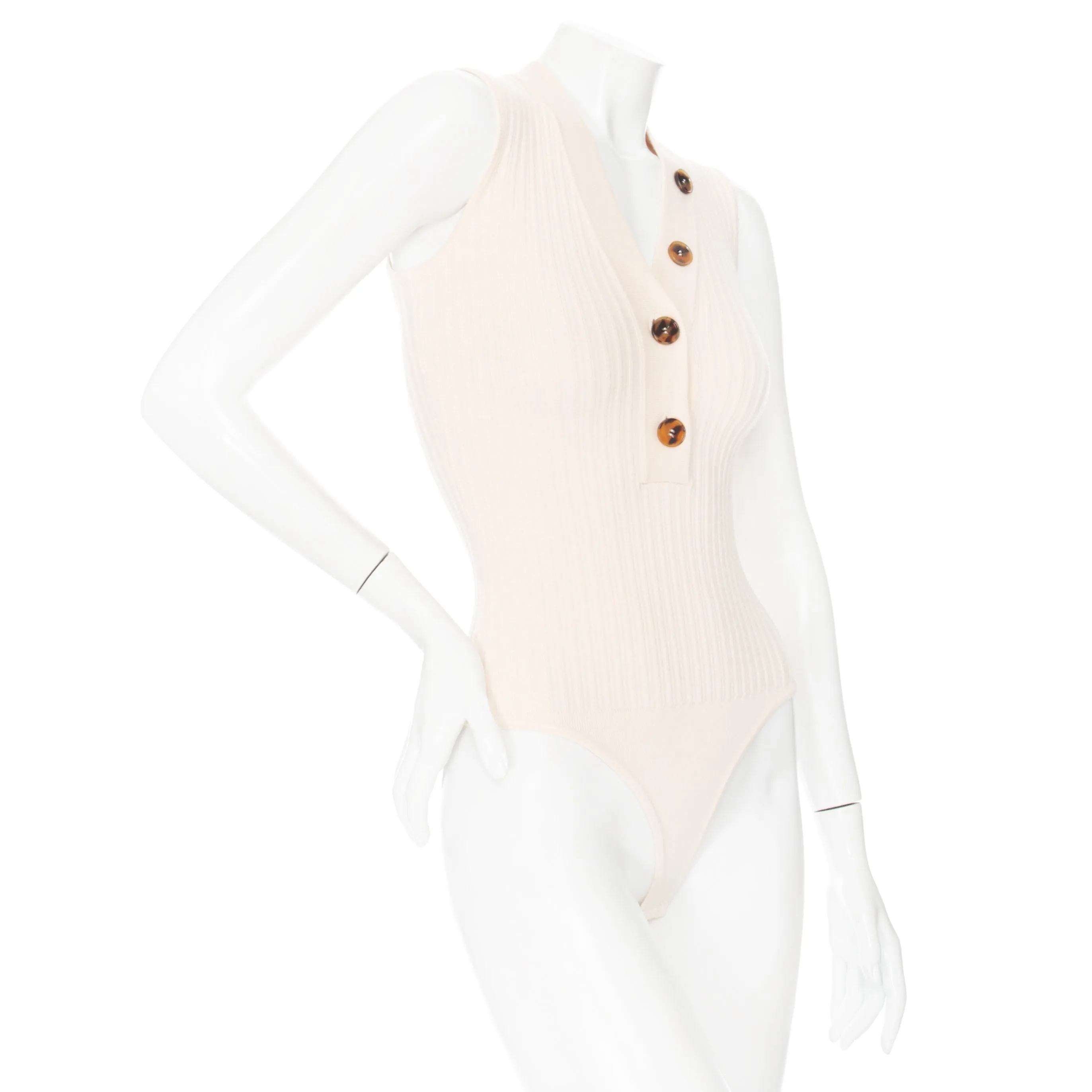 Cream Wool-Blend Knit Button Down Bodysuit