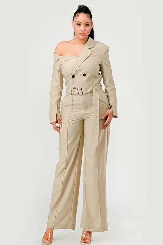 Double Breasted Trench Jumpsuit in Beige