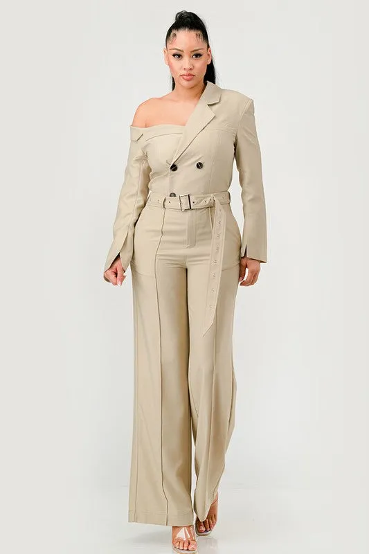 Double Breasted Trench Jumpsuit in Beige