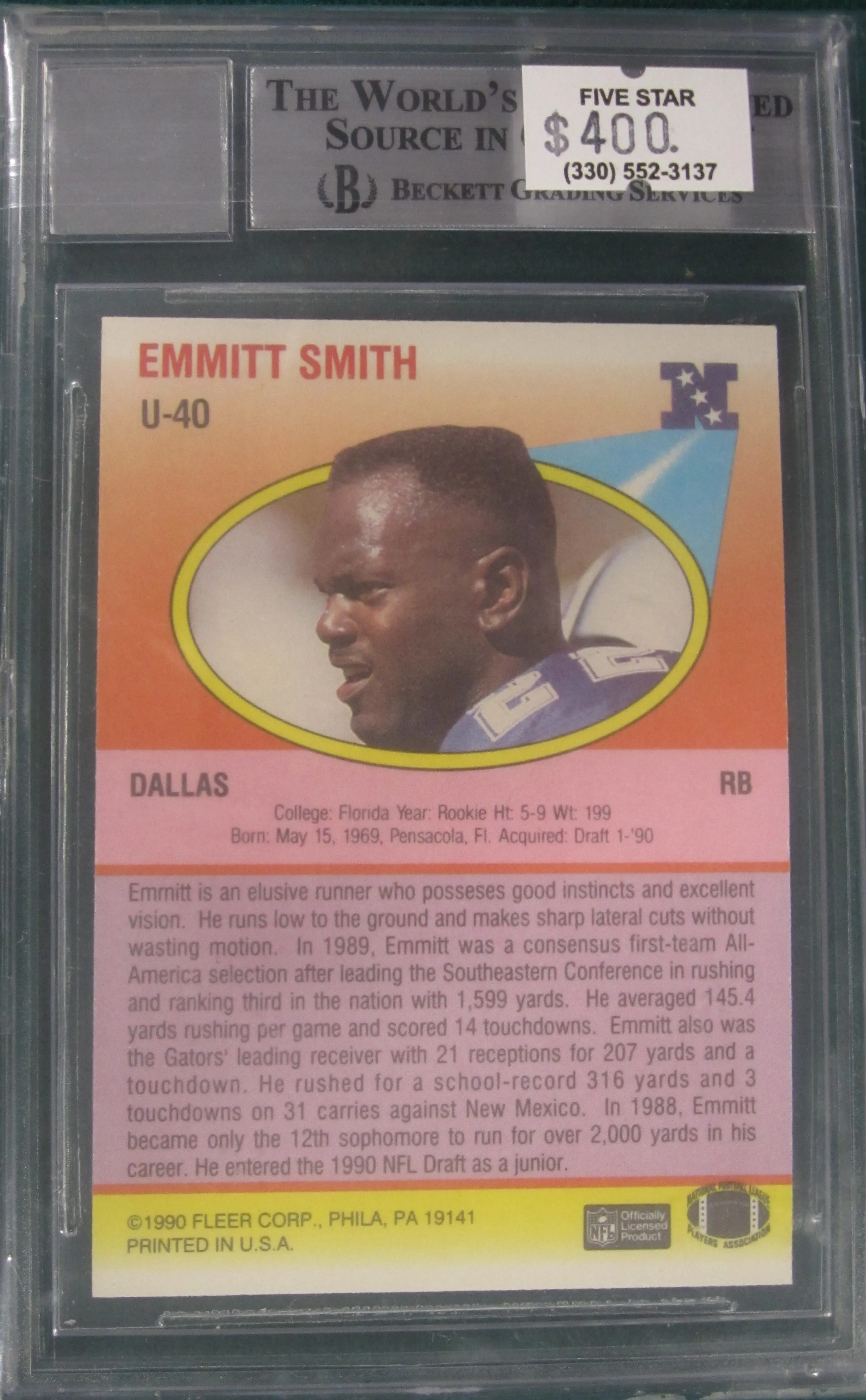 Emmitt Smith Dallas Cowboys 1990 Fleer Update #U40 Beckett 10 Authentic Autograph Card