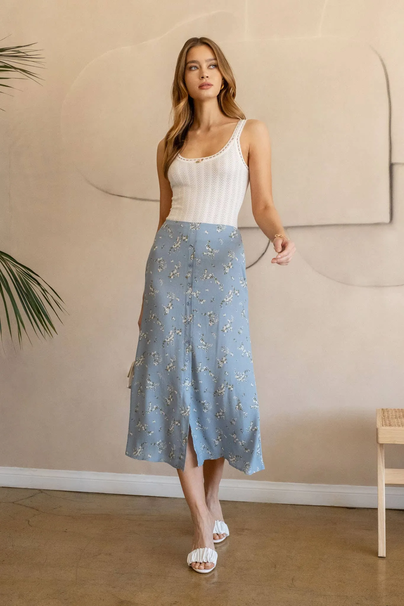 FLORAL BUTTON DOWN MIDI SKIRT