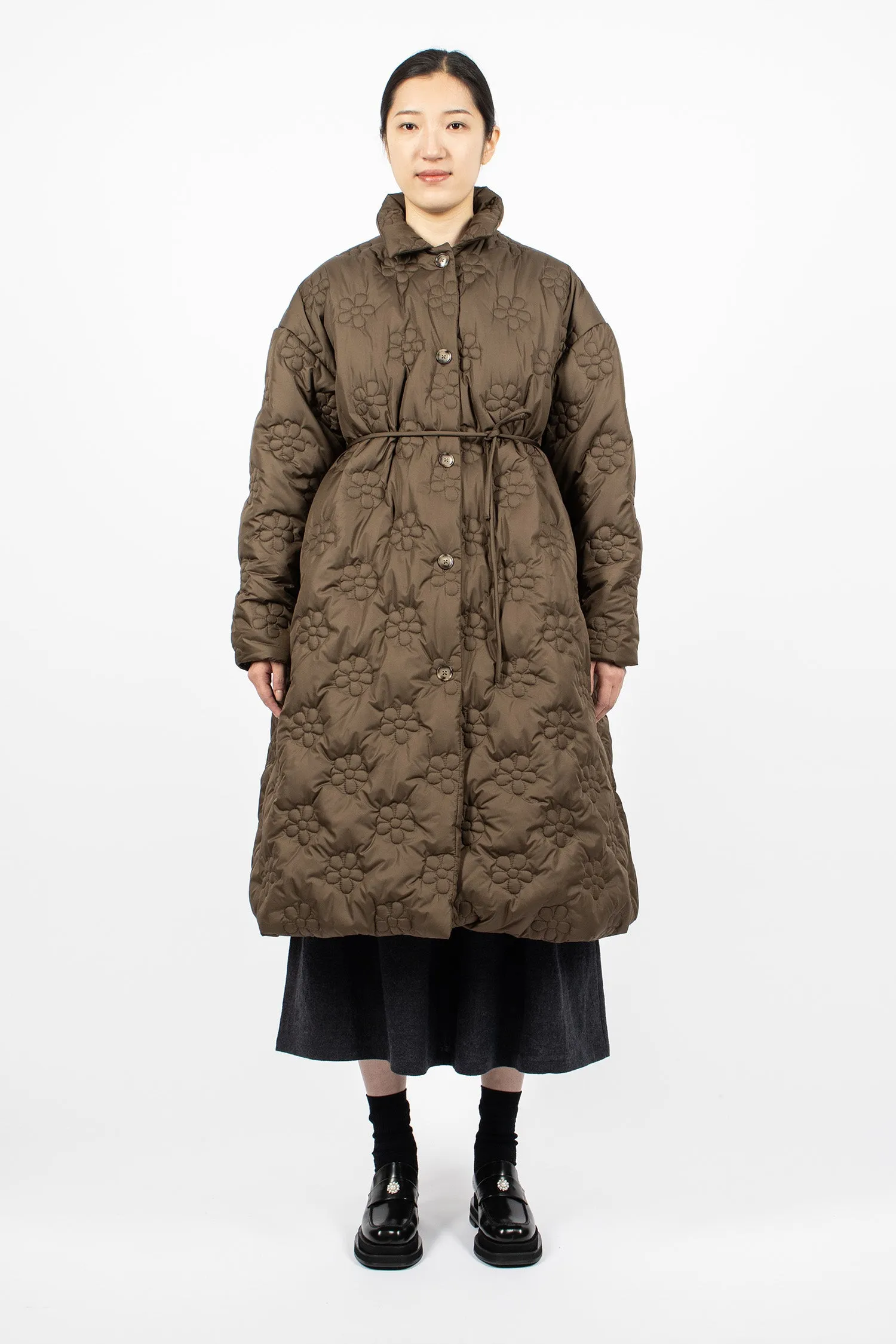 Flower Puff Long Coat Brown