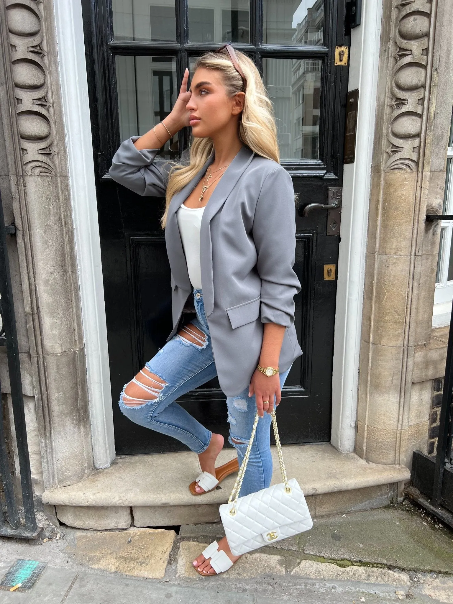 Grey Ruched Arm Blazer