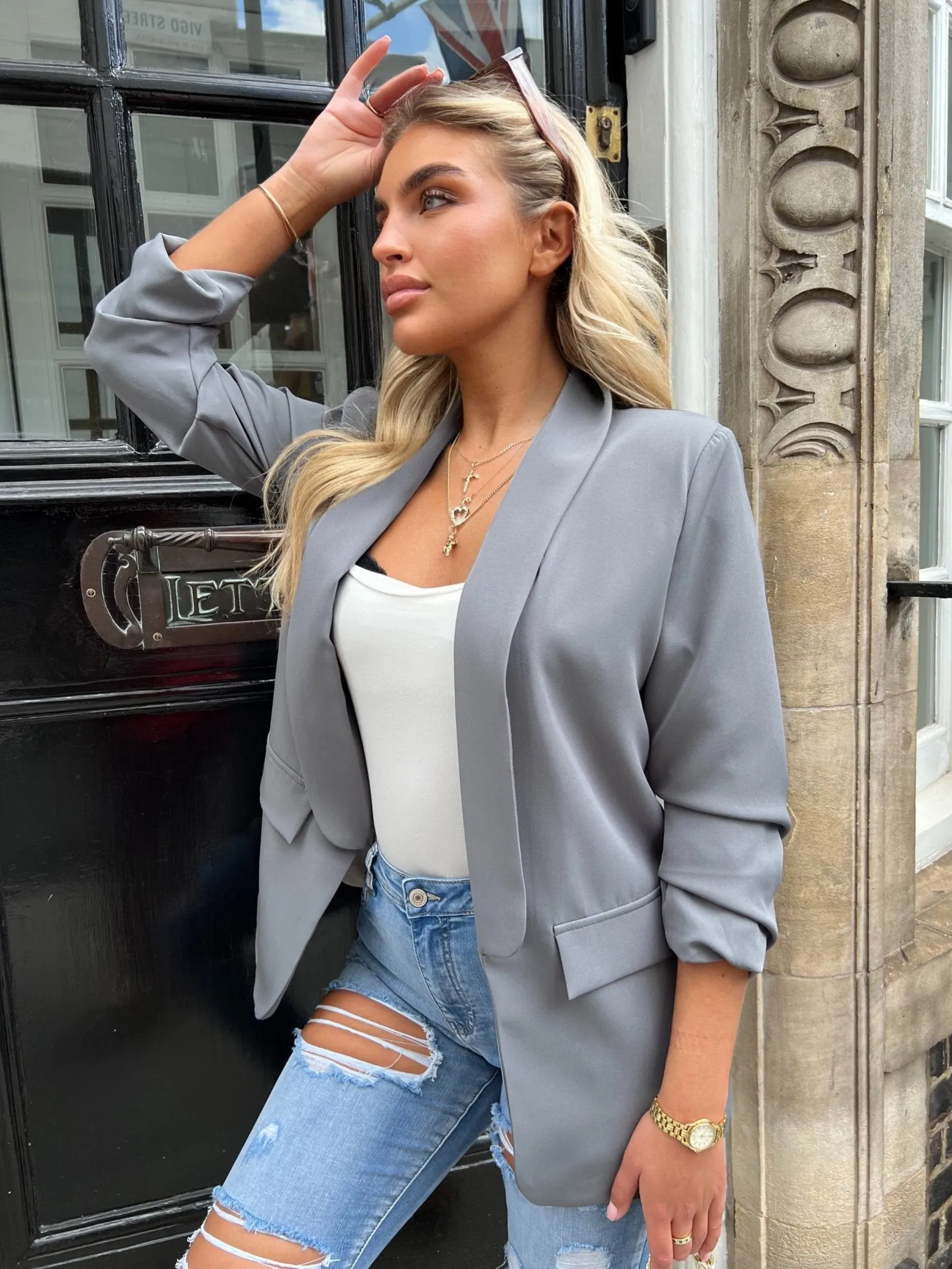 Grey Ruched Arm Blazer