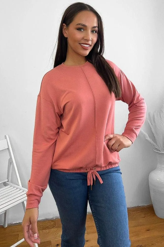 Pink Drawstring Hem Sweatshirt