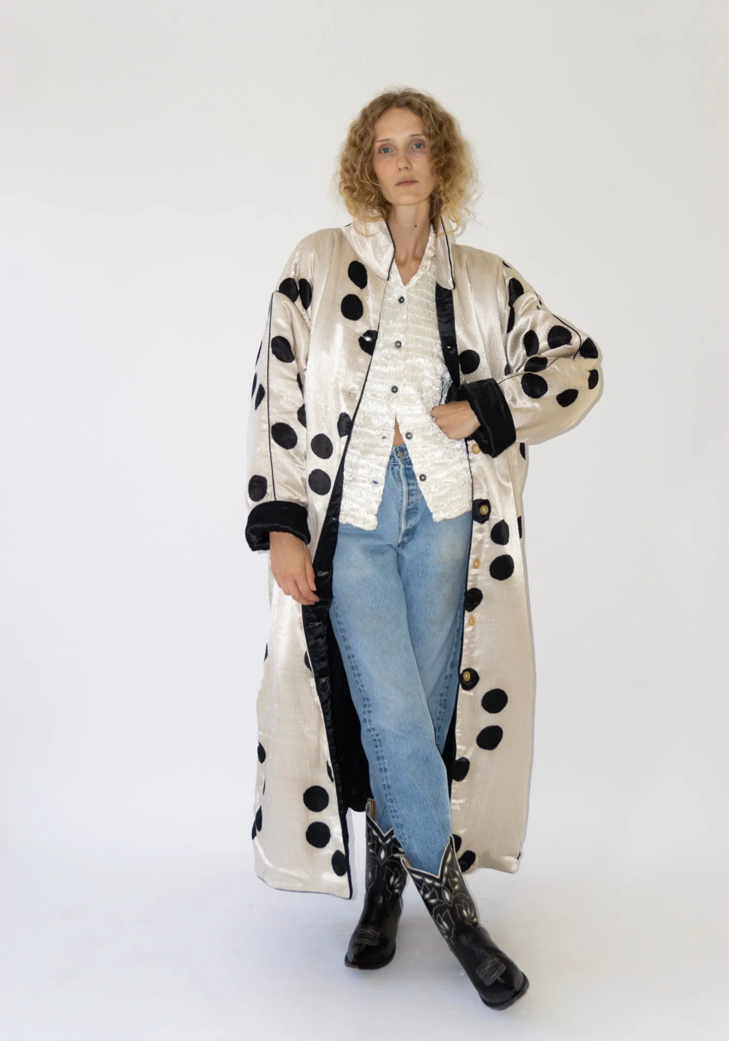 Puffy Silk Long Coat in Moon Dye