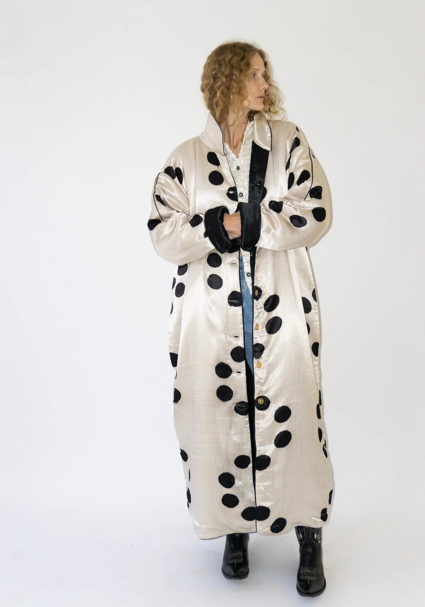 Puffy Silk Long Coat in Moon Dye