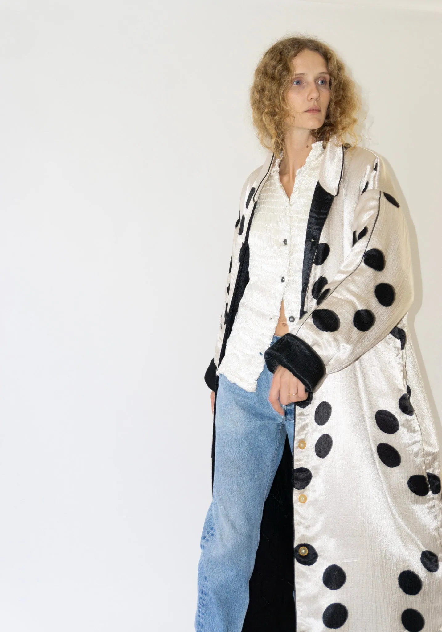 Puffy Silk Long Coat in Moon Dye