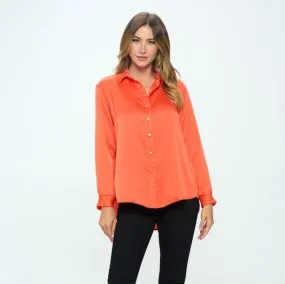 Pumpkin Satin V-neck Button-Down