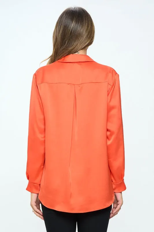 Pumpkin Satin V-neck Button-Down