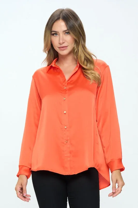 Pumpkin Satin V-neck Button-Down