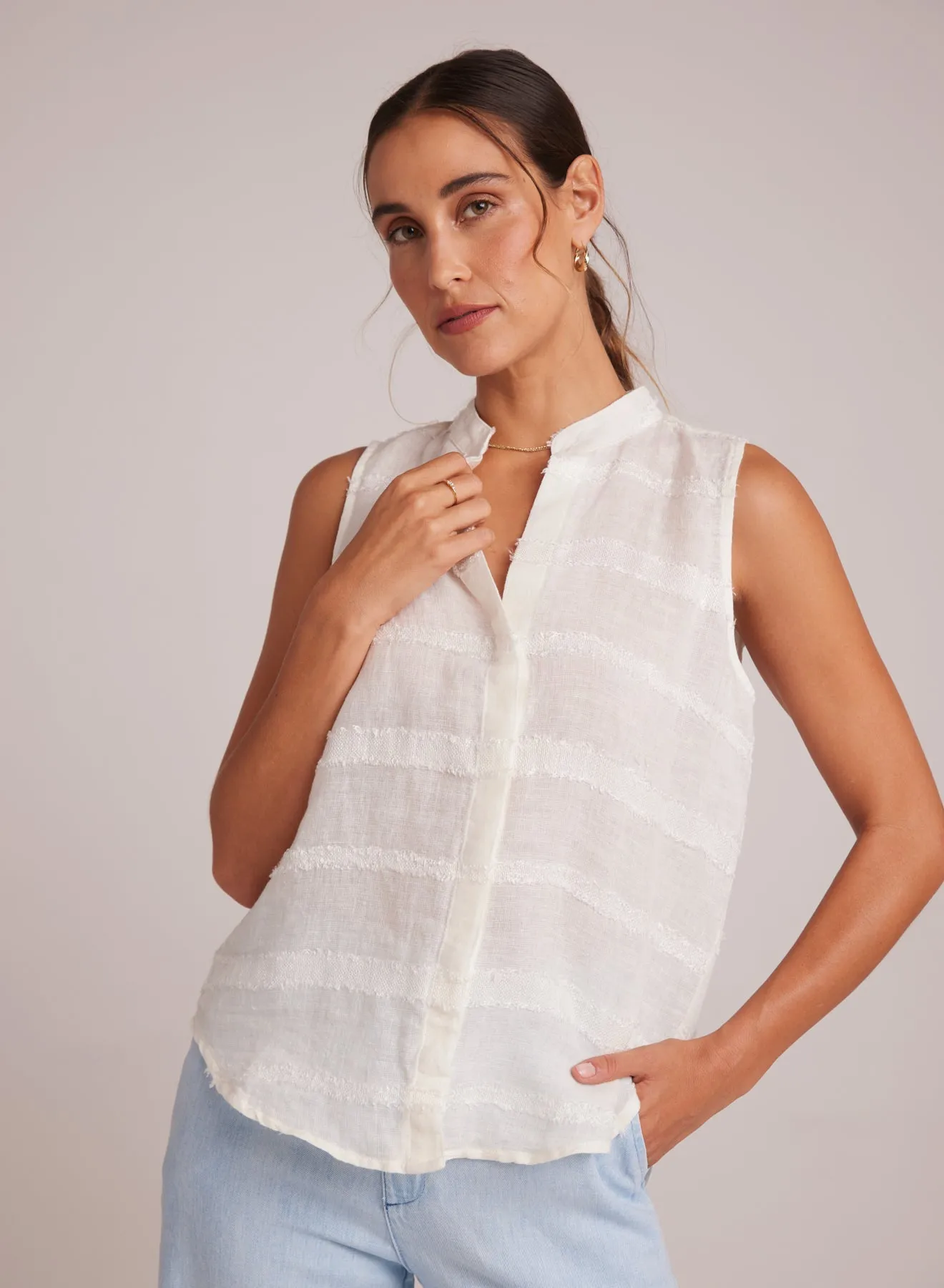 Sleeveless Hidden Placket Button Down - White